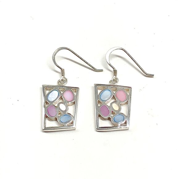 Sterling Silver Dangle Earrings, Baby Blue Pink Modern Pebble Design Earrings - Picture 3 of 5